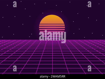 Futuristic retro landscape of the 80s. background. Neon geometric synthwave grid, light space with setting sun abstract cyberpunk design purple 80s di Stock Vector