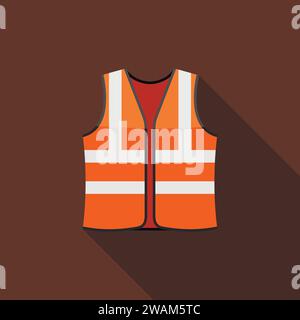 Safety vests icon on brown background with long shadow. Safety clothing with reflective stripes. Icon of safe uniform for workers. Vector Stock Vector