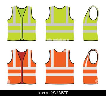 Set of orange and yellow safety vests isolated on white background. Safety clothing with reflective stripes. Front, back and side view. Icon of safe u Stock Vector