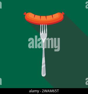Grilled sausage on a fork icon on green background with long shadow. Meat food vector illustration Stock Vector