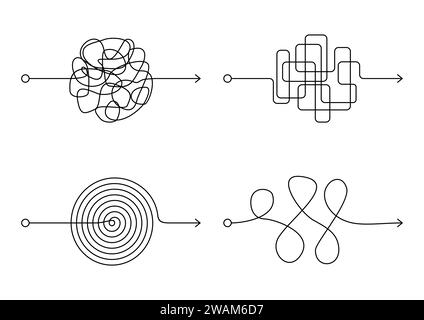 Insane messy line set, complicated clew way on white background. Tangled scribble path, chaotic difficult process way. Curved black line, solving a co Stock Vector