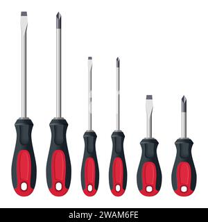 Realistic screwdrivers set isolated on white background. Hand tools for repair and construction. Small and large, Crosshead and flathead phillips scre Stock Vector