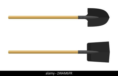 Shovel and spade isolated on white background. Work tool for outdoor activities, digging, gardening. Construction equipment. Vector illustration. Stock Vector