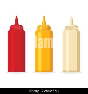 Ketchup mustard and mayonnaise bottles with spicy delicious sauce for fast food. White, red, yellow containers for sauces and dressings isolated on wh Stock Vector