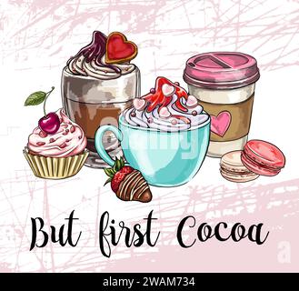 card romantic cupcakes and coffee drinks, desserts and cocktails, drinks, digital printing, t-shirt designs, stickers, bag patterns and more. Stock Vector