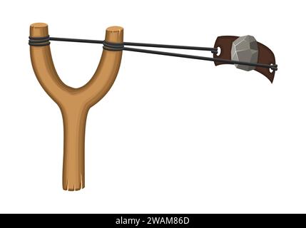 Wooden slingshot with stone isolated on a white background. Homemade slingshot wooden handle with rubber bands. Wooden catapult. Children toy for thro Stock Vector