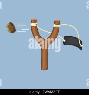 Wooden slingshot with flying stone isolated on a blue background. Homemade slingshot wooden handle with rubber bands. Wooden catapult. Children toy fo Stock Vector
