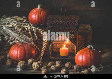 Orange pumpkins, lantern and walnuts on rustic wooden background, autumn decoration Stock Photo
