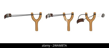 Wooden slingshot isolated on a white background. Homemade slingshot animation, wooden handle with rubber bands. Wooden catapult. Children toy for thro Stock Vector