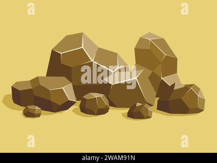 Rocks and stones piled. Set different shapes and sized boulders. Stones and rocks in isometric 3d flat style for background natural landscape and game Stock Vector