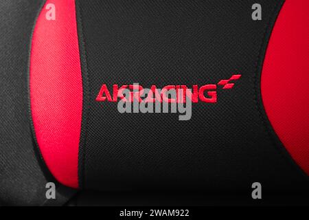 New York, NY - Jan 1, 2024 : AKracing premium office chair cushion logo marketed as video gaming equipment. Stock Photo
