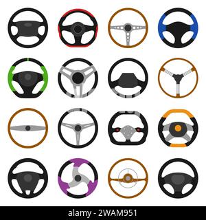 Set of different steering wheels icons isolated on white background. Car wheel control, auto part driving in flat style. Vector illustration Stock Vector