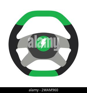 Steering wheel electric car icon isolated on white background. Car wheel control silhouette, green auto part driving in flat style. Vector illustratio Stock Vector