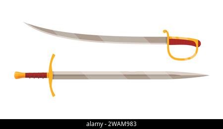Knight sword and cavalry saber with gold handle isolated on white background. Steel arms, medieval weapon. Vector illustration. Stock Vector