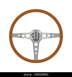 Steering wheel retro car icon isolated on white background. Car wheel control silhouette, Antique wooden classic car auto part driving in flat style. Stock Vector