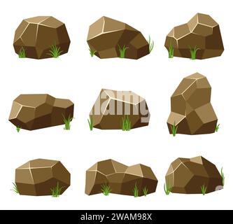 Rocks and stones set with grass on white background. Stones and rocks in isometric 3d flat style. Set different shapes and sized boulders for backgrou Stock Vector
