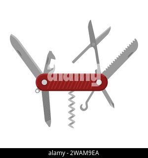 Knife pocketknife or multi-tool isolated on white background. Red swiss knife has a main spearpoint blade, screwdrivers, a can opener, corkscrew, scis Stock Vector