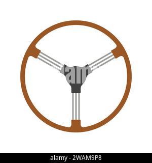 Steering wheel retro car icon isolated on white background. Car wheel control silhouette, Antique wooden classic car auto part driving in flat style. Stock Vector