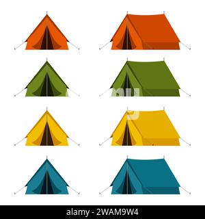 Camping tourist tent set in outdoor travel in in different colors on white background. Vector illustration for nature tourism, journey, adventure Stock Vector