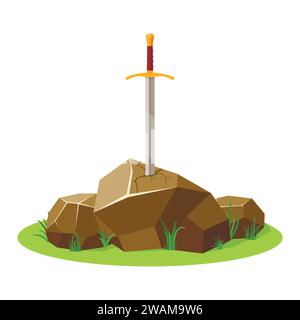 Sword in stone isolated on white background. King Arthur's sword, legendary Excalibur. Medieval weapons and rock. Metaphor for goals, dedication or de Stock Vector
