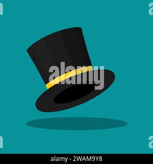 Black Top Hat isolated on blue background. Cylinder gentleman hat, broad-brimmed magic hat with yellow ribbon. Stylish men accessory. Vector illustrat Stock Vector