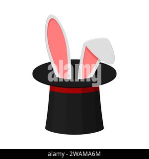 Magic top hat with rabbit ears isolated on white background, magician shows a trick. Entertainment party or beautiful circus show concept. Vector illu Stock Vector