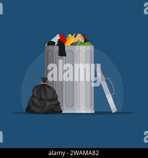 Steel garbage bin full of trash. Trash can with rubbish isolated on blue background. Wheelie bin and trash bag. Scene with pile of waste, Vector illus Stock Vector