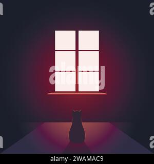 Cat looks out the window. Empty evening or night room with light from the window on the floor. Pet miss. Concept vector illustration Stock Vector