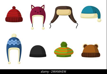 Winter hats set isolated on white background. Knitting headwear and caps for cold weather. Outdoor clothing. Vector illustration. Stock Vector