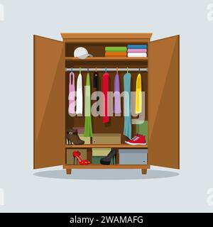 Open wardrobe with clothes. Closet with clothes, dresses, shirts, boxes and shoes. Natural wooden Furniture. Vector illustration. Stock Vector