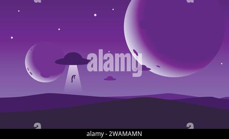 Minimalist desert landscape background, UFO abducts a man, planets or moons in the night sky. Abstract sunset surface, unidentified flying objects flo Stock Vector