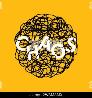 Abstract hand drawn illustration of chaos over tangled mess scribble or doodle on yellow background. Metaphor of problem, difficult situation, chaos a Stock Vector