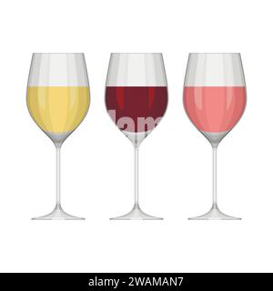 Set of different vector wine glasses isolated on white background. White, red and pink wine. Vector illustration Stock Vector