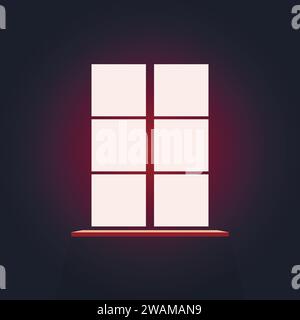 Window in a dark room with light. Dusk view, red shades. Vector illustration Stock Vector