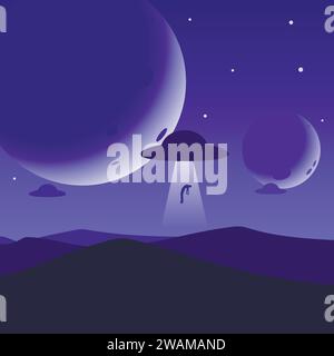 Minimalist mountain landscape background, UFO abducts a man, planets or moons in the night sky. Abstract sunset surface, unidentified flying objects f Stock Vector