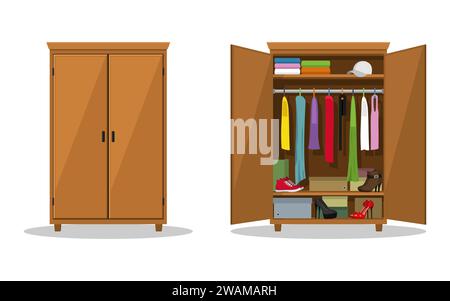 Open and close wardrobe with clothes. Closet with clothes, dresses, shirts, boxes and shoes. Natural wooden Furniture. Vector illustration. Stock Vector