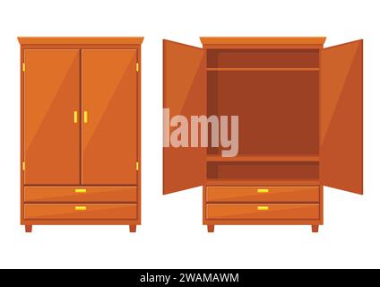 Open and closet wardrobe isolated on white background .Natural wooden Furniture. Wardrobe icon in flat style. Room interior element cabinet to create Stock Vector
