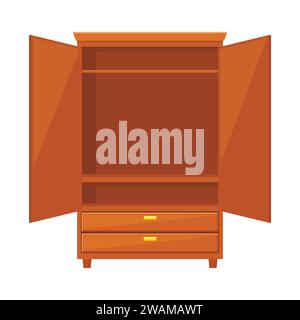Empty open wardrobe isolated on white background. Natural wooden Furniture. Wardrobe icon in flat style. Room interior element cabinet to create apart Stock Vector