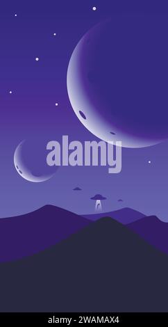 Minimalist mountain landscape background, UFO abducts a man, planets or moons in the night sky. Abstract sunset surface, unidentified flying objects f Stock Vector