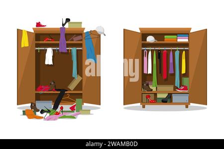 Before untidy and after tidy wardrobe. Woman clothings and shoes in mess and tidy organizing, opening dress closet with messy and organized clothes. T Stock Vector
