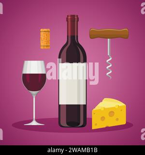 Wine set: bottle of wine, glass of wine, cheese, cork and corkscrew. Colored flat design icons. Vector illustration Stock Vector