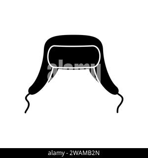Winter hat earflap black icon isolated on white background. Knitting headwear with two long ear flaps and cap for cold weather. Outdoor clothing. Vect Stock Vector
