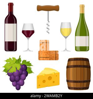 Wine set vector design elements on white background. Wine bottle, wine glass, cheese, corkscrew, cork, grape and barrel. Winemaking in flat style. Vec Stock Vector