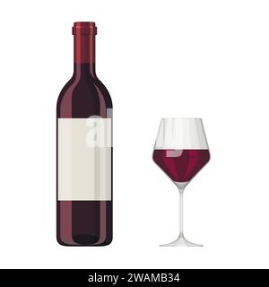Vector illustration of a red wine bottle and glass isolated on white background. Alcoholic drink in flat cartoon style. Stock Vector