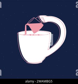 Cup pours milk into itself drawing in cartoon flat line style on blue background Stock Vector