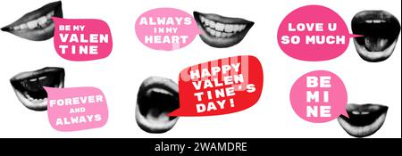 Valentines day halftone collage stickers set vector illustration Stock Vector