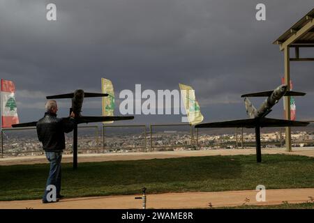 Baalbek Lebanon 05th Jan 2024 Drones Are Displayed Alongside With   Baalbek Lebanon 05th Jan 2024 A Visitor Takes Mobile Images Of Drones Displayed Along With Other Heavy Military Displayed At Pro Iranian Hezbollah Jihadi Museum In The City Of Baalbek Credit Marwan Naamanidpaalamy Live News 2wame8r 