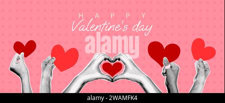Valentines day banner collage hands holding hearts vector illustration Stock Vector