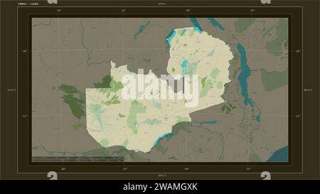 Zambia highlighted on a topographic, OSM Humanitarian style map map with the country's capital point, cartographic grid, distance scale and map border Stock Photo