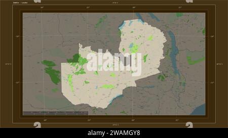 Zambia highlighted on a topographic, OSM France style map map with the country's capital point, cartographic grid, distance scale and map border coord Stock Photo